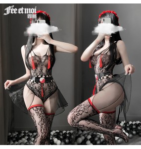 FEE ET MOI Sexy See Through Suspenders Fishnet Bodycon Dresses With Stocking (Black)